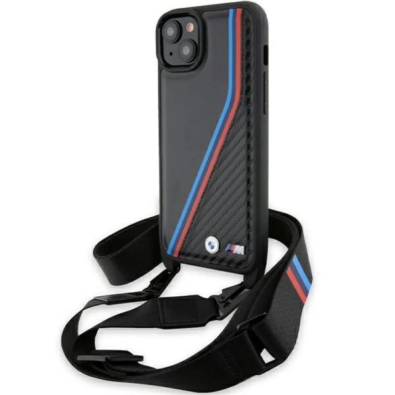 BMW M Edition Carbon Tricolor Lines & Strap puzdro pre iPhone 15 / 14 / 13 - čierne
