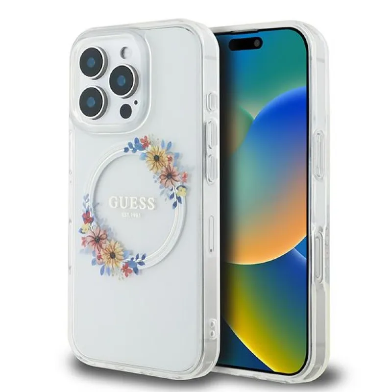 Puzdro Guess IML Flowers Wreath MagSafe pre iPhone 16 Pro – priehľadné