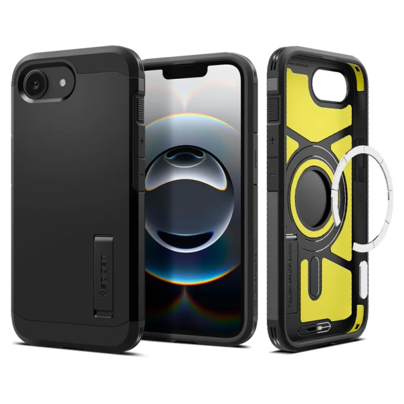 Puzdro Spigen Tough Armor s MagSafe pre iPhone 16e so stojanom - čierne