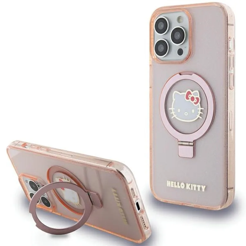 Hello Kitty Ring Stand Glitter Electrop Logo MagSafe Case pre iPhone 15 Pro Max – ružové