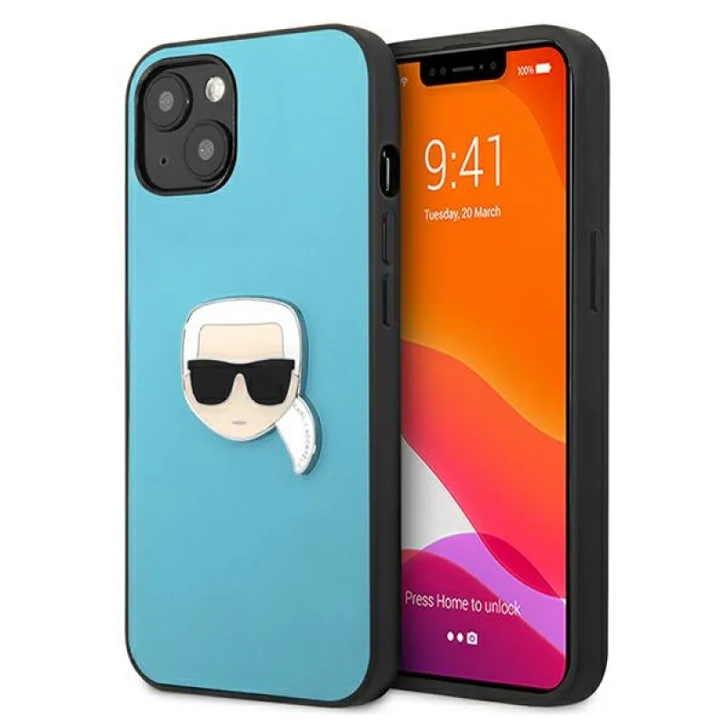 Kovové puzdro Karl Lagerfeld Ikonik Karl's Head pre iPhone 13 mini - modré