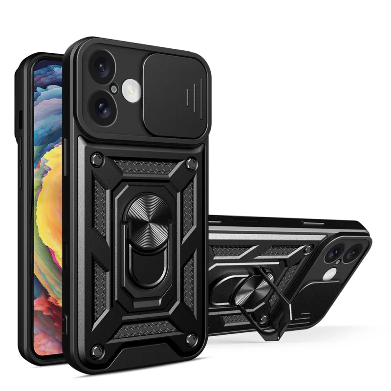 Pancierové puzdro Hybrid Armor Camshield iPhone 16 s krytom fotoaparátu a stojanom – čierne