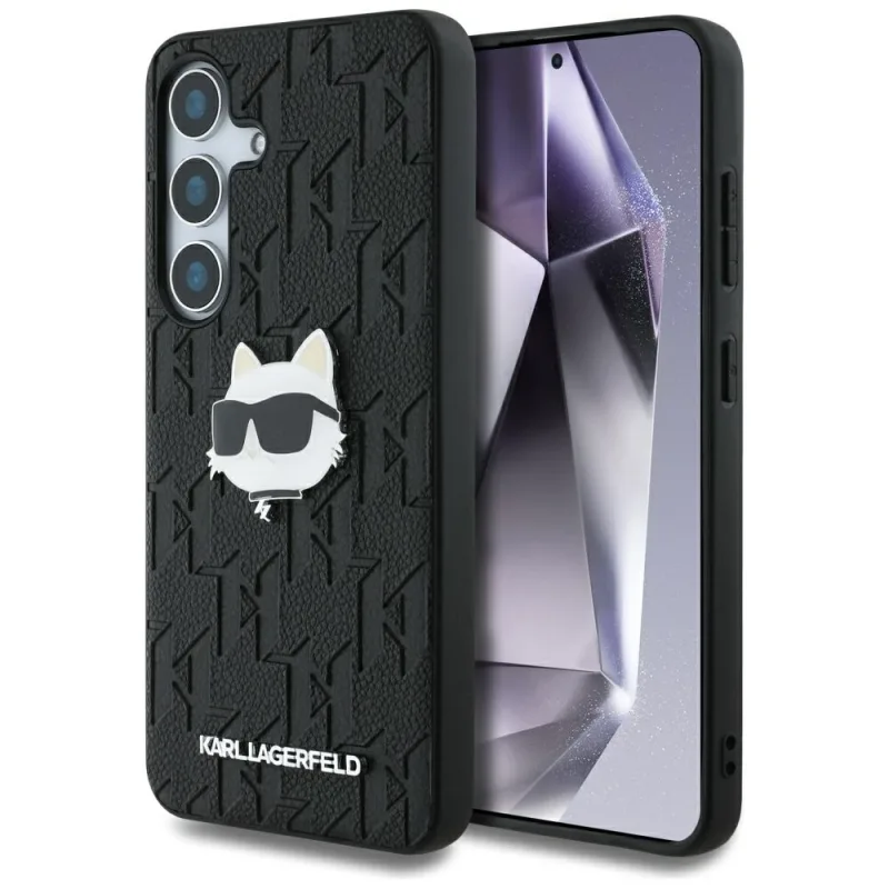 Kožené puzdro Karl Lagerfeld s monogramom a logom Choupette na Samsung Galaxy S25 čierne