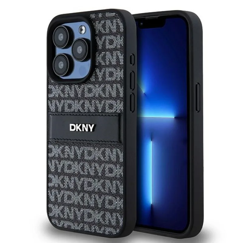 Obal DKNY Leather Mono Stripe & Metal Logo pre iPhone 15 Pro - čierny