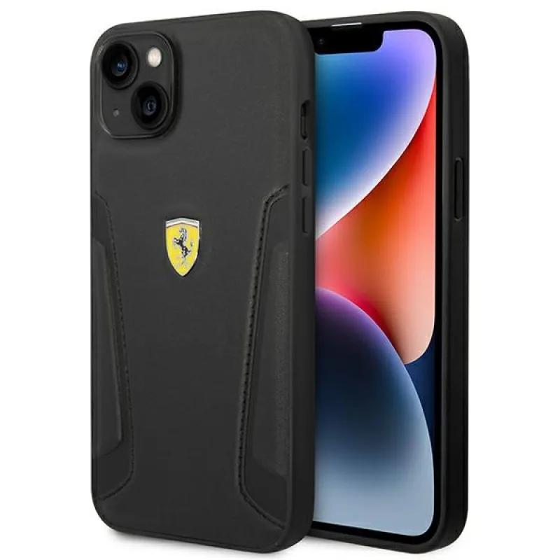 Pevné puzdro Ferrari FEHCP14MRBUK iPhone 14 Plus 6,7" čierno/čierne kožené pečiatky
