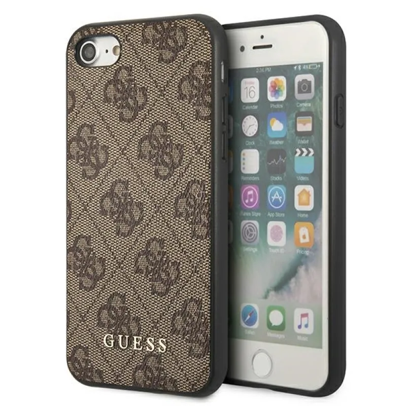 Puzdro Guess 4G s kovovým zlatým logom pre iPhone SE 2022 / 2020 / 7 / 8 - hnedé