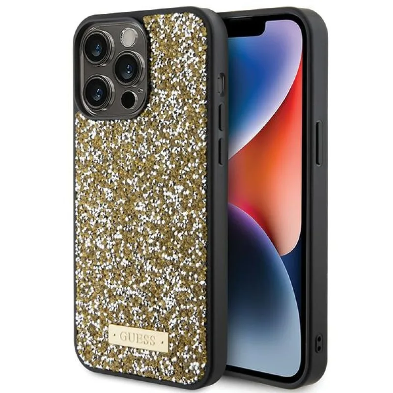 Puzdro Guess Rhinestone Metal Logo pre iPhone 15 Pro - žlté