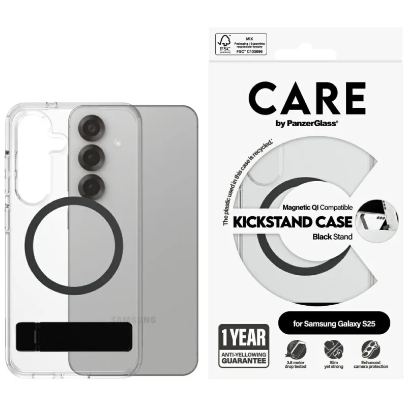 CARE by PanzerGlass Feature Black Kickstand & QI Case pre Samsung Galaxy S25 – priehľadné