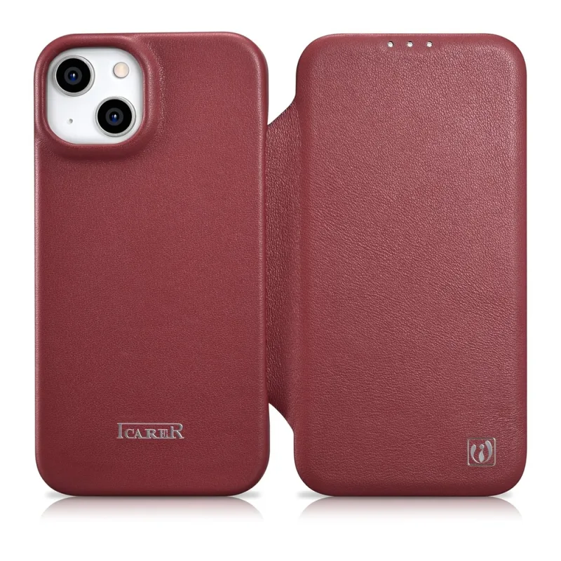 Prémiové kožené puzdro na iPhone 14 Plus iCarer CE, magnetické flipové kožené puzdro MagSafe červené (WMI14220715-RD)