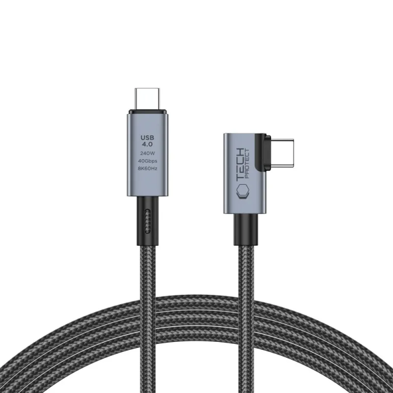 Kábel Tech-Protect UltraBoost Max L USB-C 4.0 (priamy) / USB-C 4.0 (uhlový) PD 240 W 8K 40 Gb/s 1,5 m – sivý