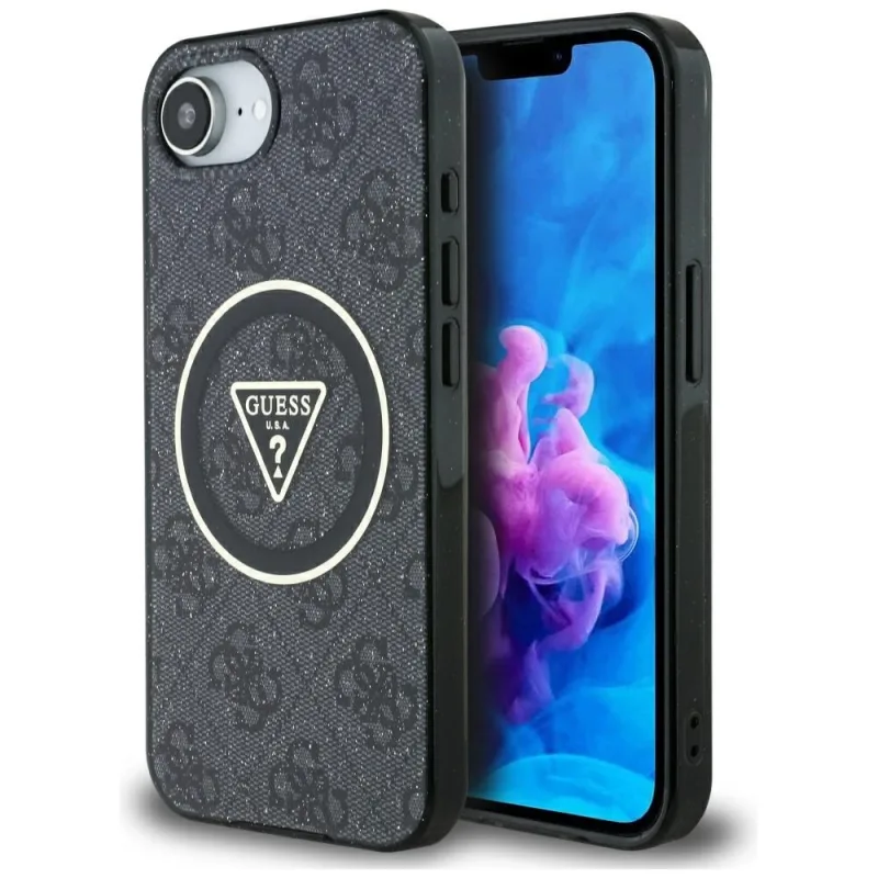 Puzdro Guess IML Metal Glitter 4G Circle Triangle MagSafe pre iPhone 16e – čierne