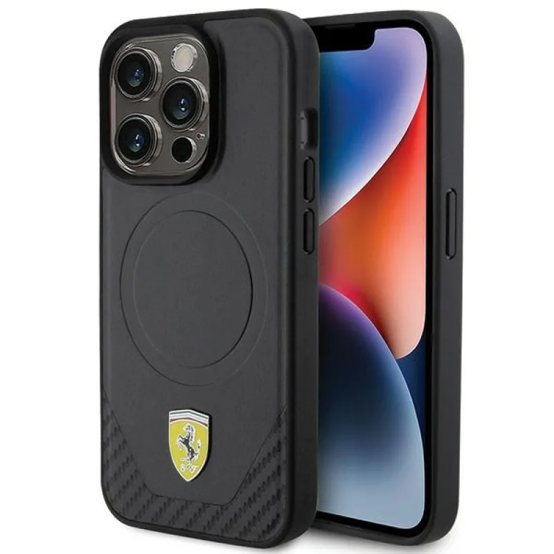 Kryt Ferrari Carbon Metal Logo MagSafe pre iPhone 15 Pro - čierny