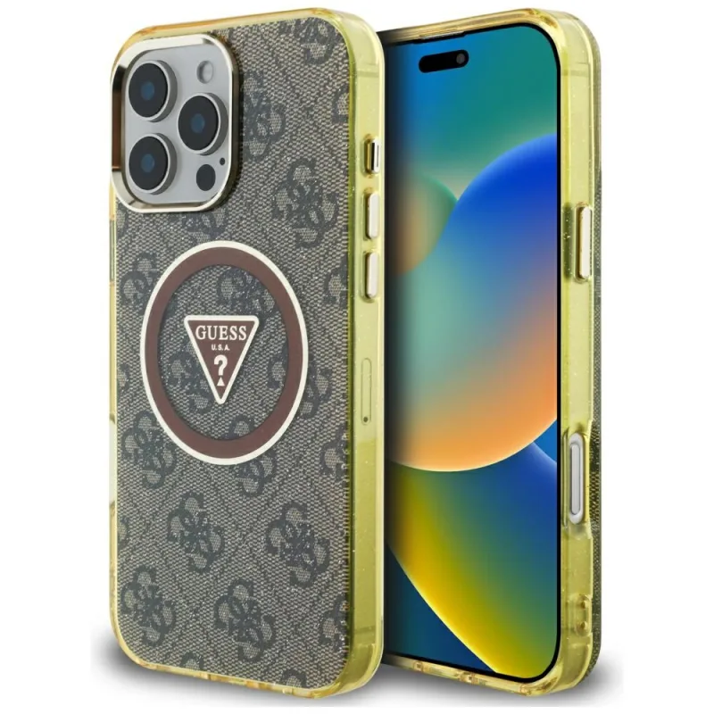 Puzdro Guess IML Metal Glitter 4G Circle Triangle MagSafe Case pre iPhone 16 Pro Max – hnedé