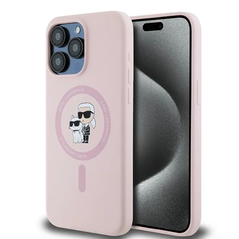 Karl Lagerfeld silikónové puzdro Karl&Choupette Ring MagSafe pre iPhone 15 Pro Max – ružové