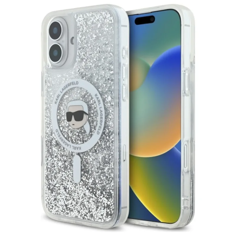 Karl Lagerfeld Tekuté glitrové puzdro Karl Head Magsafe iPhone 16 – priehľadné