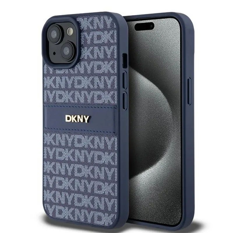 Kožené puzdro DKNY Mono Stripe & Metal Logo pre iPhone 15 / 14 / 13 - modré