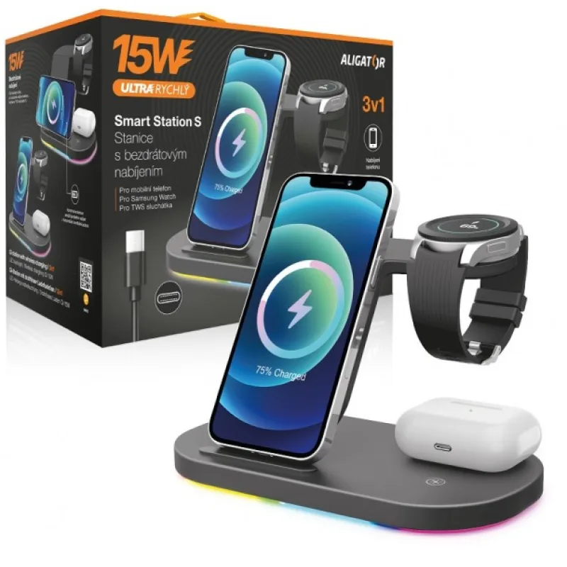 Aligator Stanica Smart Station S s bezdrôtovým nabíjaním 3v1, 15W AS04BK