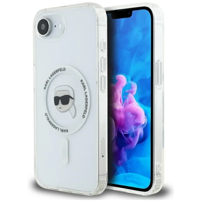 Karl Lagerfeld IML kovové puzdro Karl Head MagSafe pre iPhone 16e biele