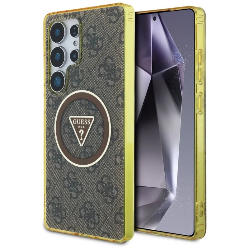 Puzdro Guess 4G Glitter Triangle Buttons MagSafe pre Samsung Galaxy S25 Ultra hnedé