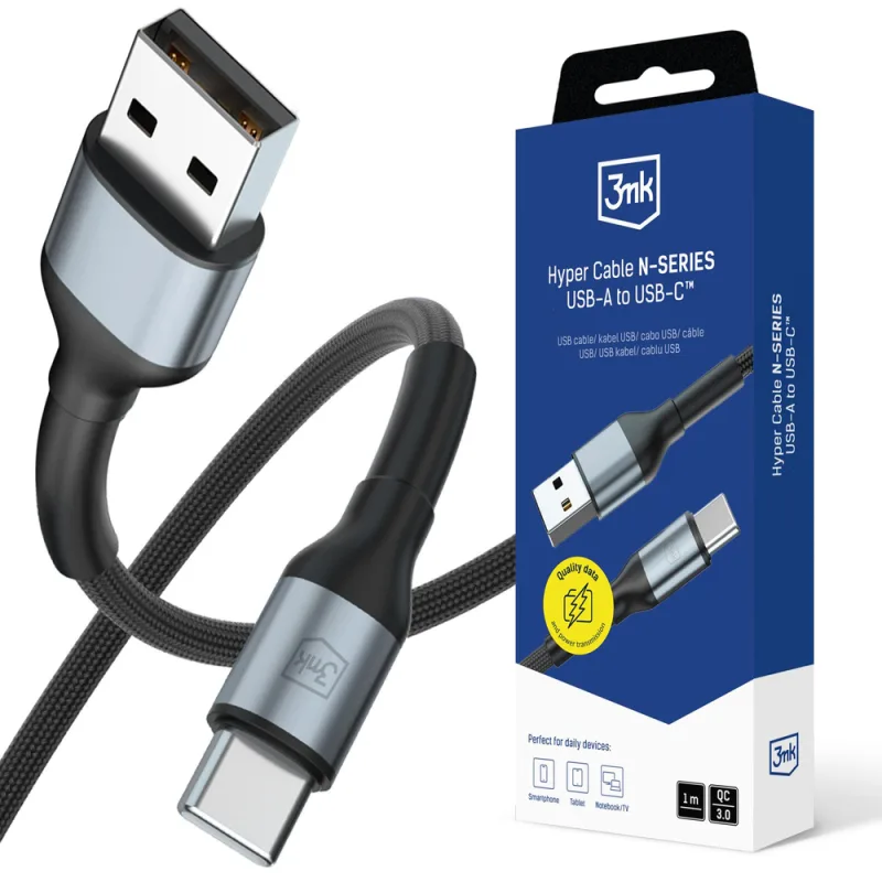 3mk Hyper kábel 3mk Hyper kábel N-SERIES USB-A / USB-C 1m 9V/2A 18W QC 3.0 / čierny