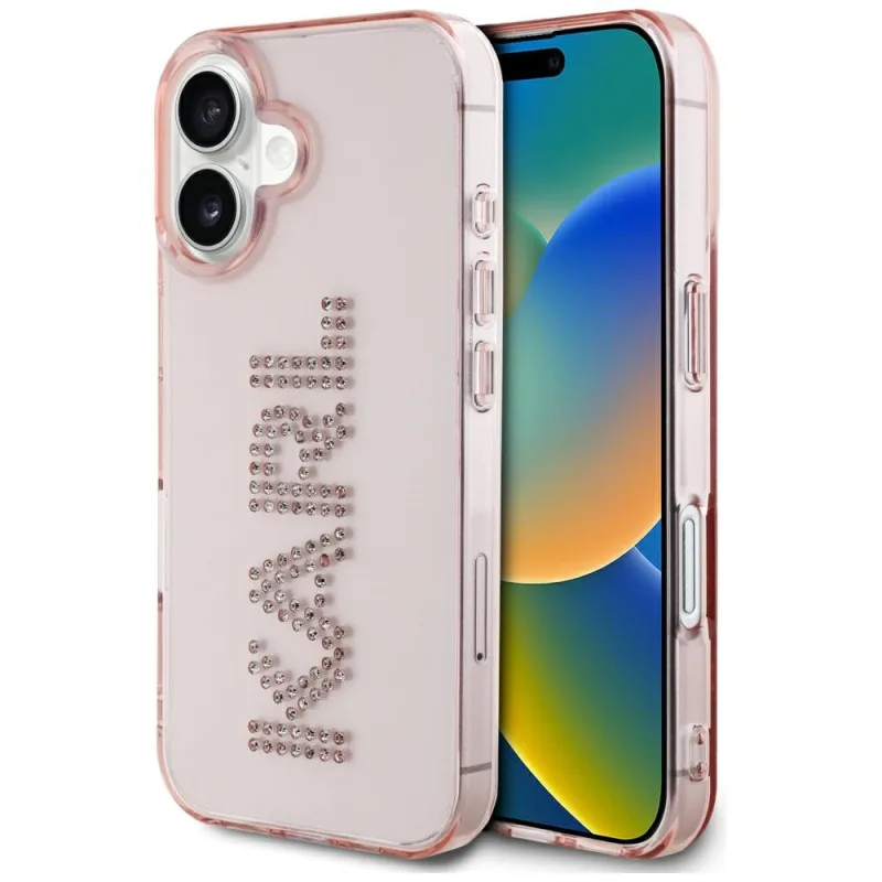 Kryt na iPhone 16 s logom Karl Lagerfeld IML Rhinestones – ružový