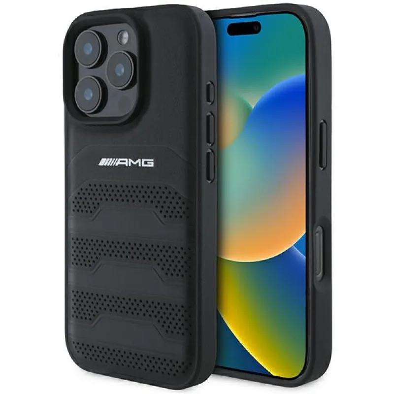 Puzdro AMG Leather Debossed Lines Black Logo iPhone 16 Pro Max – čierne