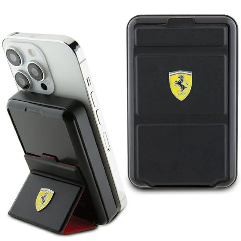 Powerbanka Ferrari Metal Logo MagSafe indukčná 15W 10000 mAh s funkciou stojana - čierna