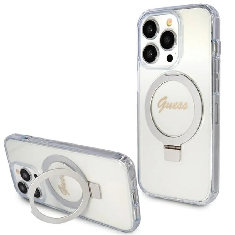 Guess Ring Stand Script Glitter MagSafe puzdro pre iPhone 15 Pro - priehľadné