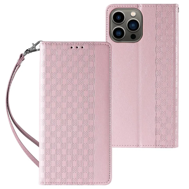 Magnet Strap Case Case pre iPhone 14 Plus Flip Wallet Mini Lanyard Stand Pink