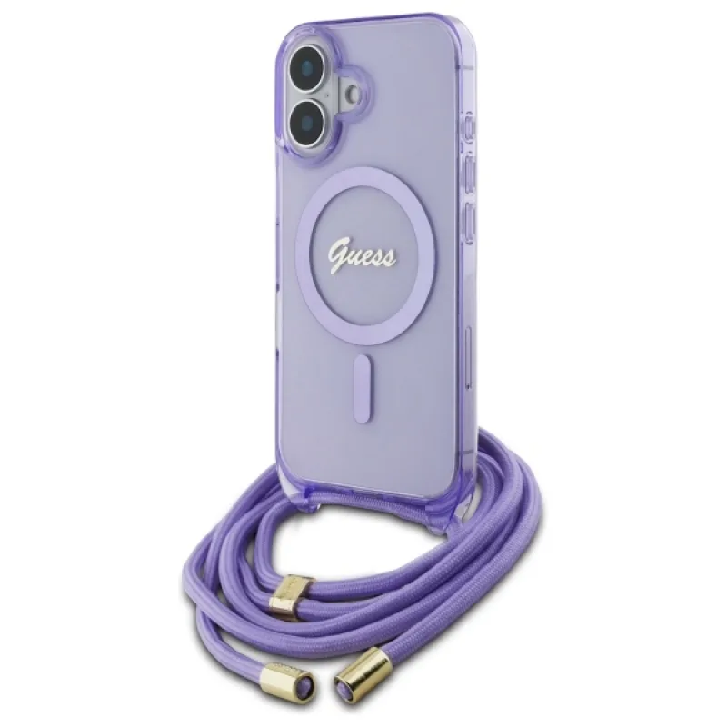 Puzdro Guess Crossbody Cord Script MagSafe na iPhone 16 – fialové