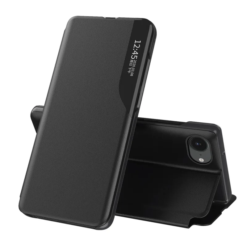 Elegantné puzdro Eco Leather View Case s chlopňou a stojanom pre iPhone 16e - čierne