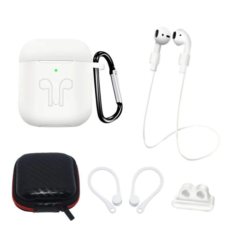 Sada silikónového puzdra pre AirPods 2 / AirPods 1 + puzdro / háčik na uši / remienok na krk / držiak remienka na hodinky / karabína - biela
