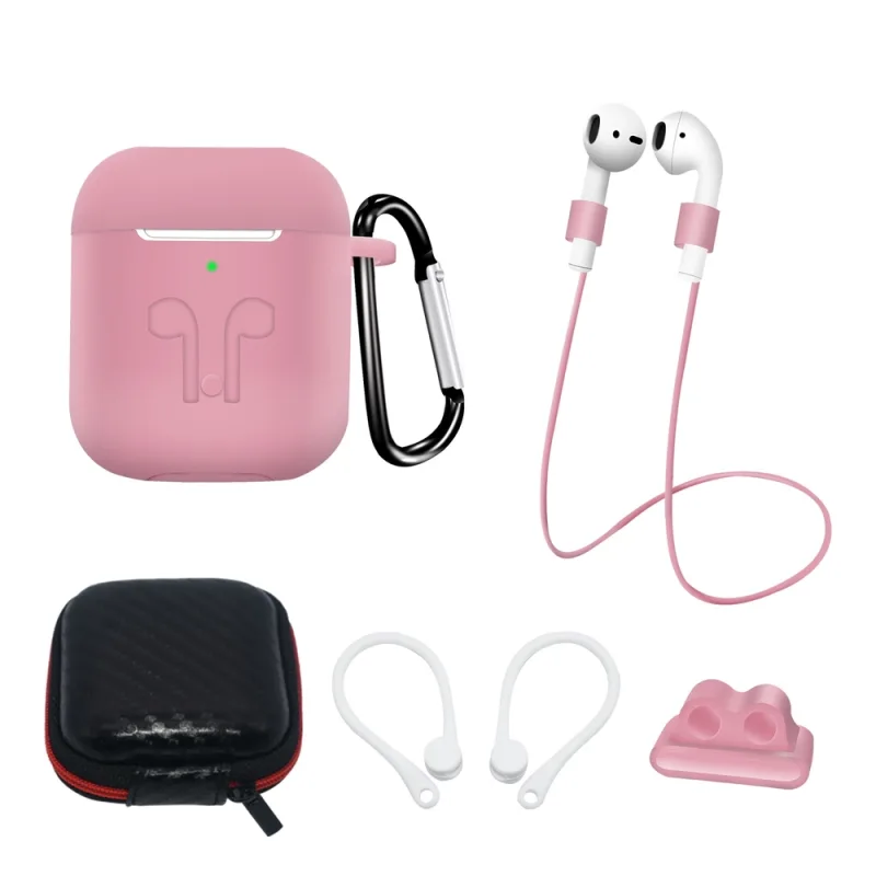 Sada AirPods 2 / AirPods 1 silikónové puzdro + puzdro / háčik na uši / remienok na krk / držiak remienka na hodinky / karabína - ružová