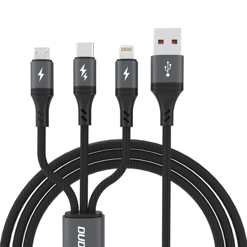 Dudao L3E 3 v 1 60 W MicroUSB USB-C Lightning kábel 1,2 m – čierny