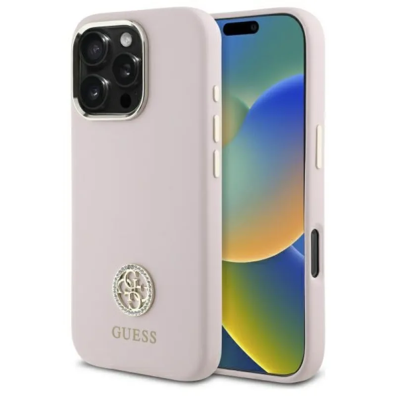 Guess Silicone Logo Strass 4G puzdro pre iPhone 16 Pro - svetloružové