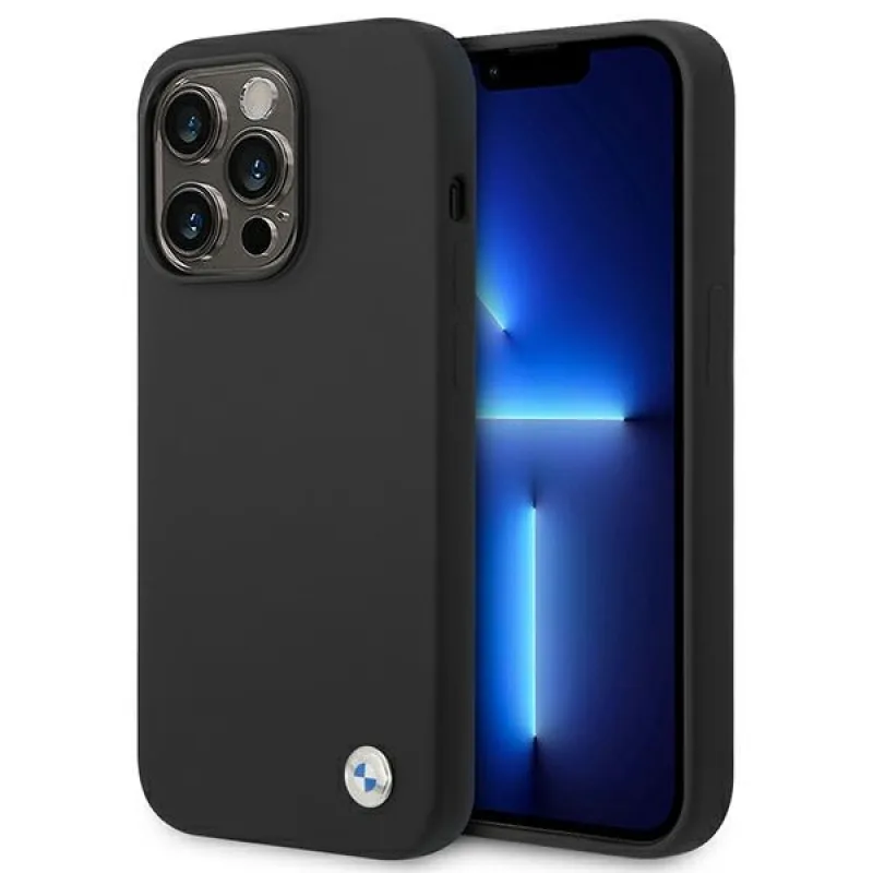 BMW silikónové puzdro s kovovým logom pre iPhone 14 Pro Max - čierne
