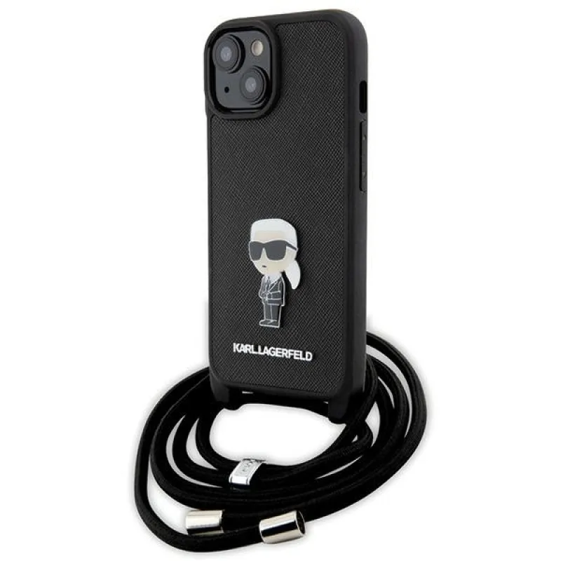 Karl Lagerfeld Crossbody Saffiano Monogram Metal Pin Karl & Choupette Case pre iPhone 15 - čierny