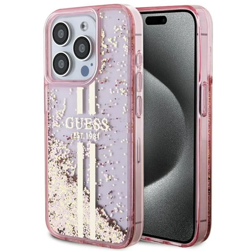 Puzdro Guess Liquid Glitter Gold Stripes pre iPhone 15 Pro - ružové