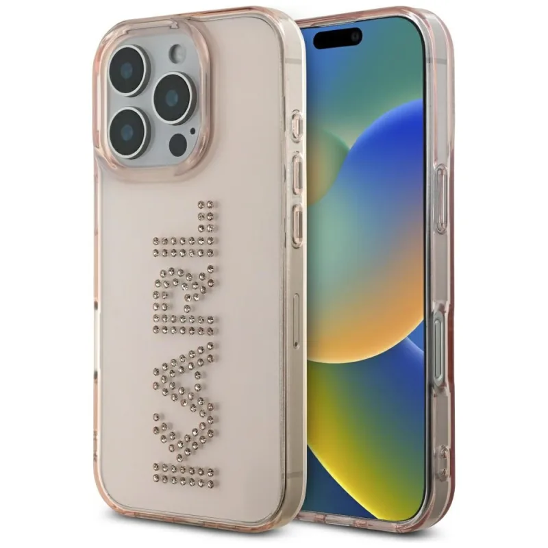 Puzdro na iPhone 16 Pro s logom Karl Lagerfeld IML Rhinestones – ružové