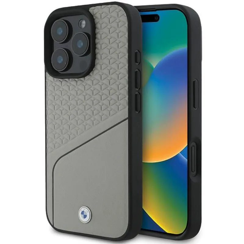 Puzdro BMW Sign Leather s textúrou a líniou MagSafe na iPhone 16 Pro – šedé