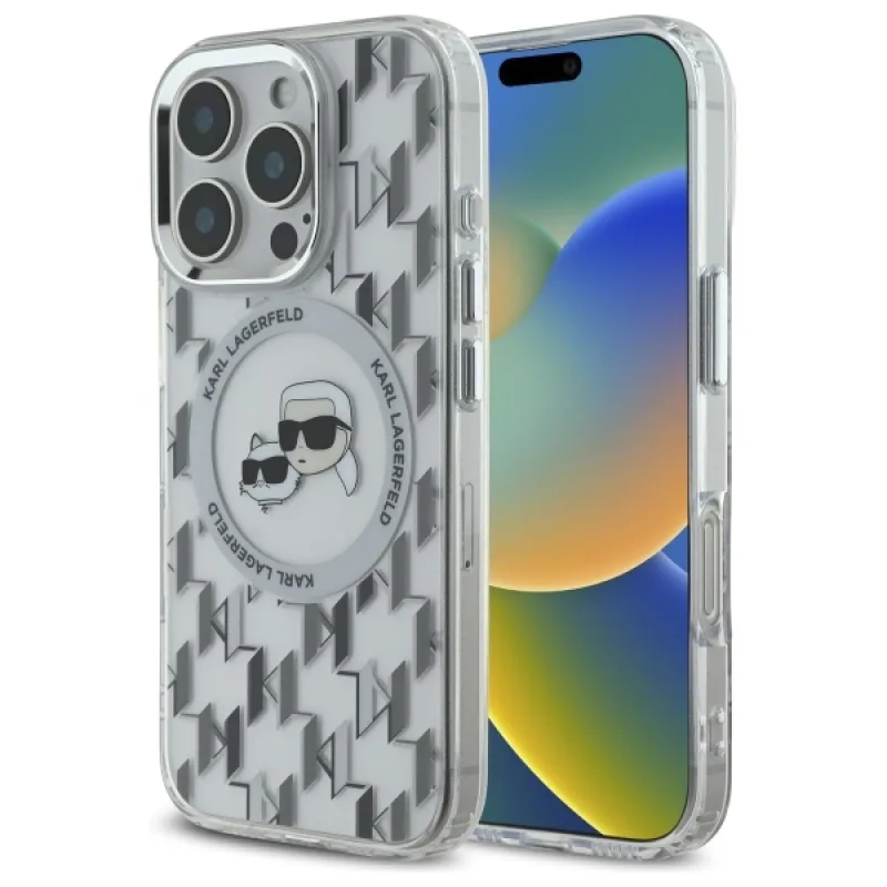 Karl Lagerfeld IML Monogram Karl & Choupette Head Puzdro MagSafe iPhone 16 Pro – priehľadné