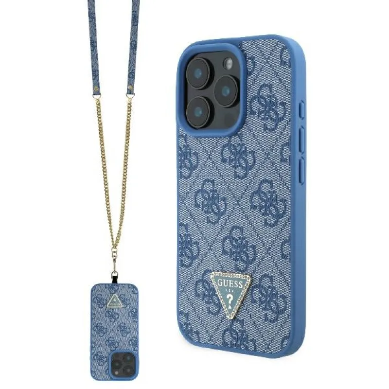 Guess Leather Metal Logo Strass Crossbody Case pre iPhone 16 Pro – modrý