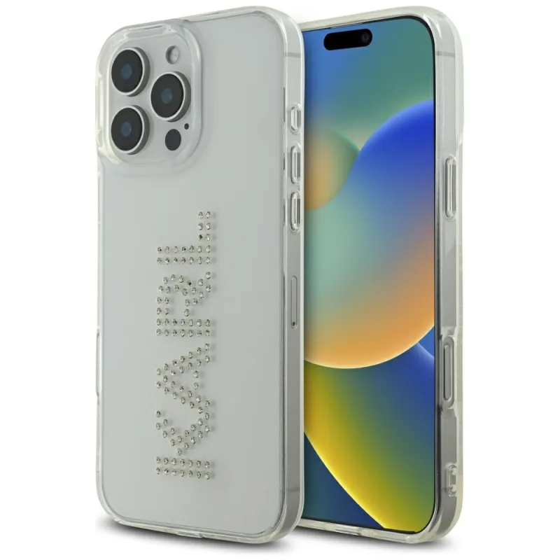 Puzdro na iPhone 16 Pro s logom Karl Lagerfeld IML Rhinestones – priehľadné