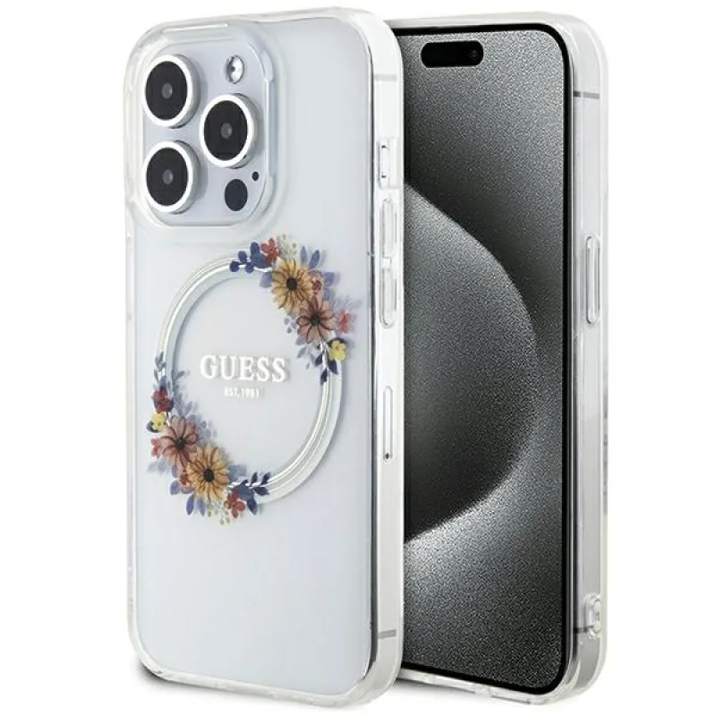 Puzdro Guess IML Flowers Wreatch MagSafe pre iPhone 15 Pro - priehľadné