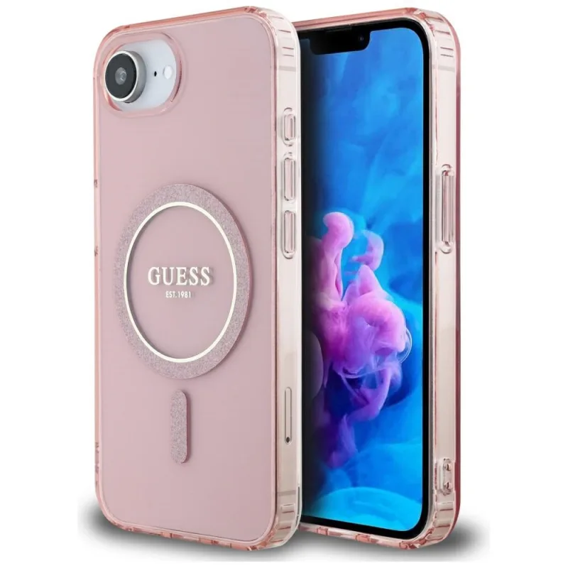 Puzdro Guess IML Glitter Circle MagSafe pre iPhone 16e - ružové
