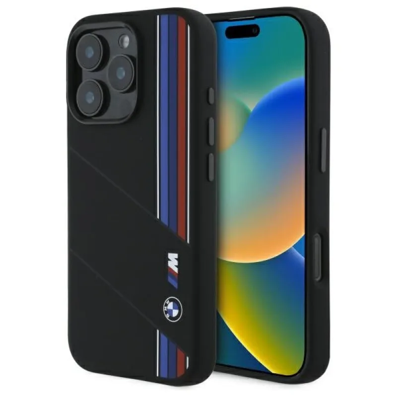BMW Silicone Cut Tricolor Lines MagSafe Case pre iPhone 16 Pro – čierne
