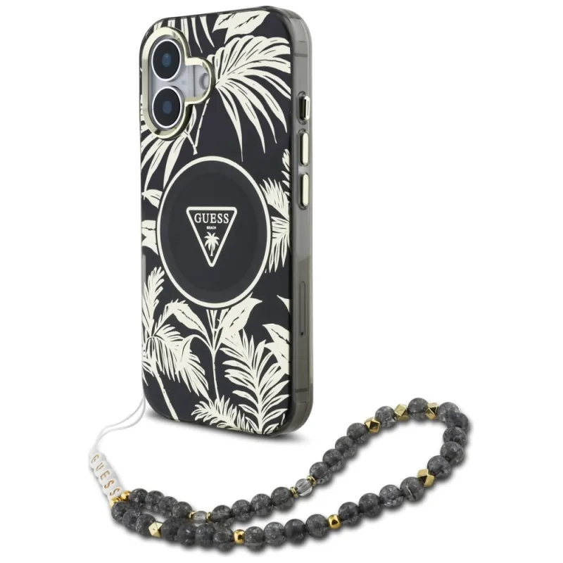 Guess Palm Trees Triangle Pearl Strap puzdro MagSafe pre iPhone 16 čierne
