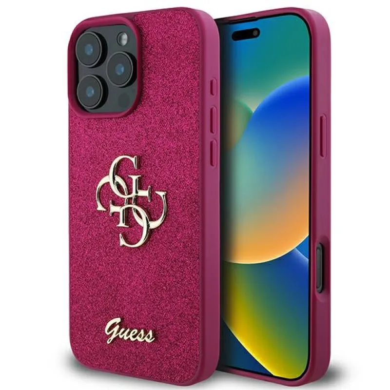 Puzdro Guess Glitter Script Big 4G na iPhone 16 Pro – fialové