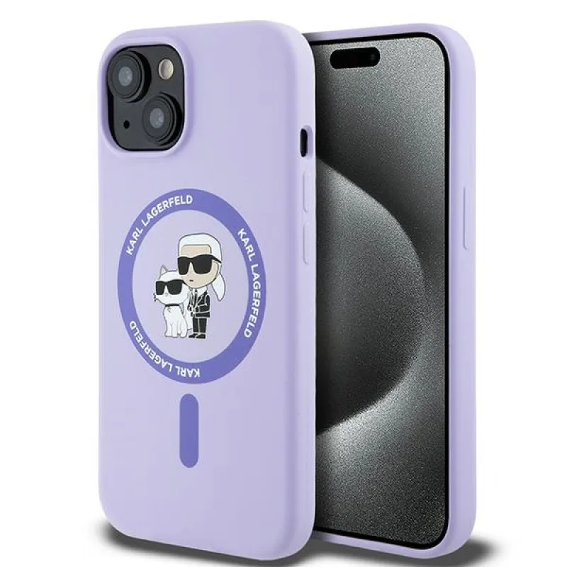 Karl Lagerfeld silikónový krúžok na hlavu Karl&Choupette MagSafe iPhone 15 – fialový