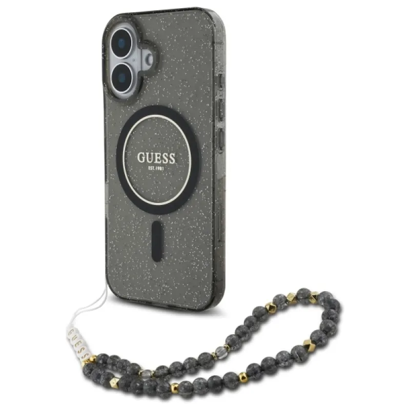 Guess IML Glitter With Pearl Strap MagSafe puzdro pre iPhone 16 - čierne